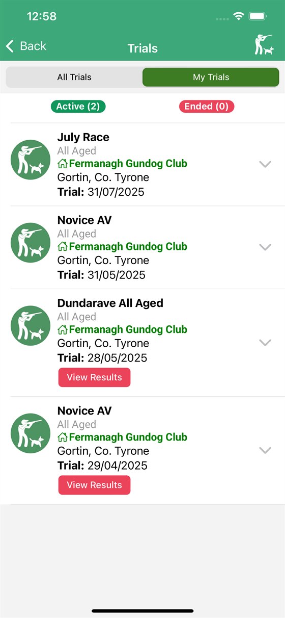 Gundog Club app trials listing screen
