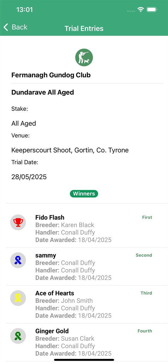 Gundog Club app dog records screen