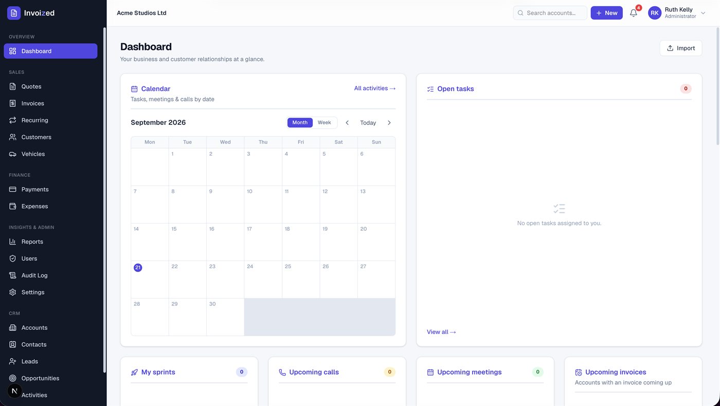Invoized CRM dashboard with an activity calendar, open tasks, sprints, upcoming calls, meetings and invoices