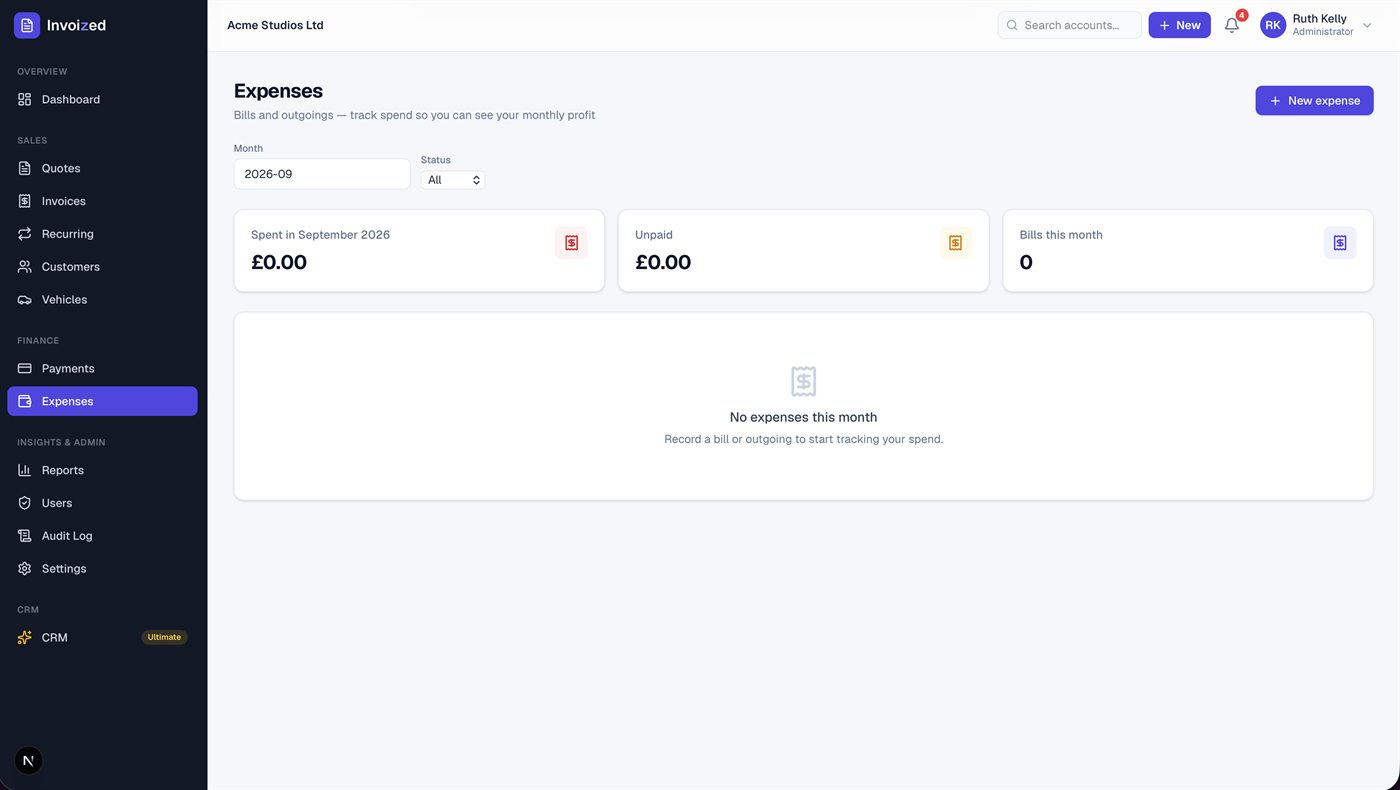 Invoized expenses screen for recording bills and outgoings with monthly spend, unpaid total and bill count