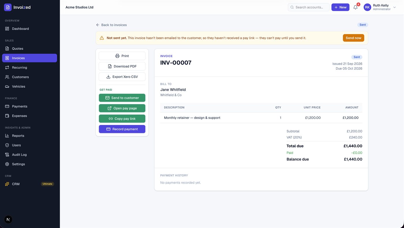 Invoized invoice detail screen with options to send to customer, open the pay page, copy a pay link, record a payment, download a PDF or export to Xero CSV