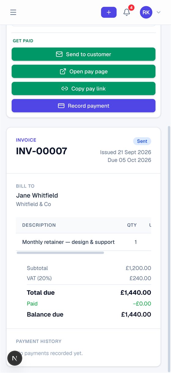 Invoized invoice on a phone with send to customer, open pay page, copy pay link and record payment