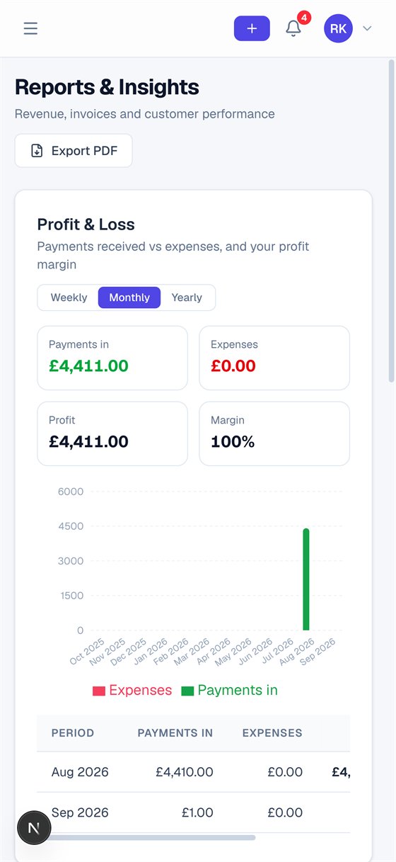 Invoized reports on a phone showing profit and loss with payments in, expenses, profit and margin