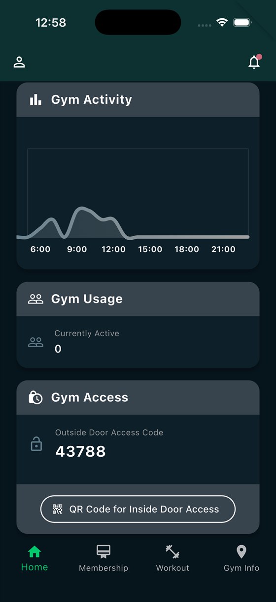 MacFit Club gym app home screen showing live gym activity and the door access code