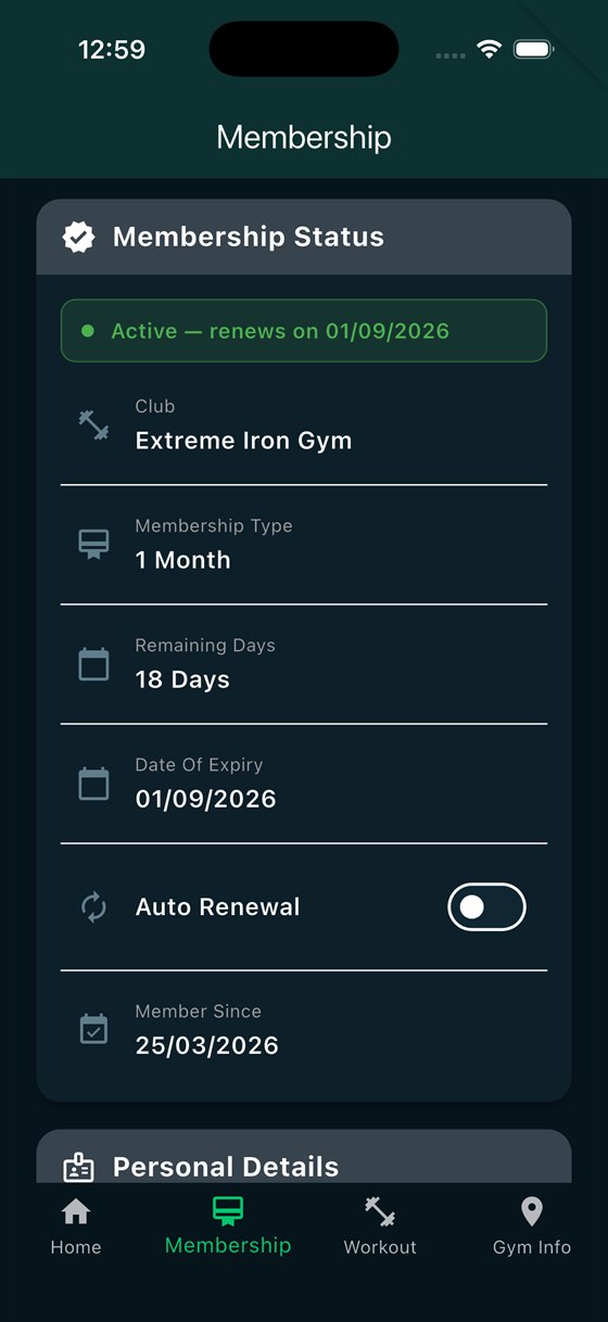 MacFit Club membership screen with status, renewal date and auto-renewal