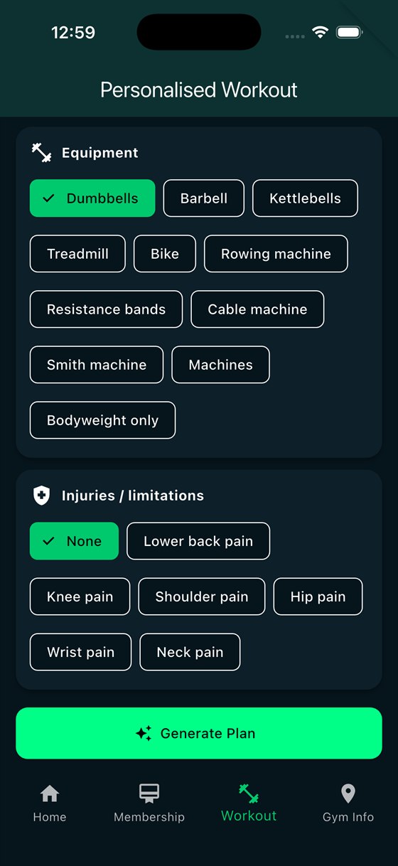 MacFit Club personalised workout builder selecting equipment and limitations