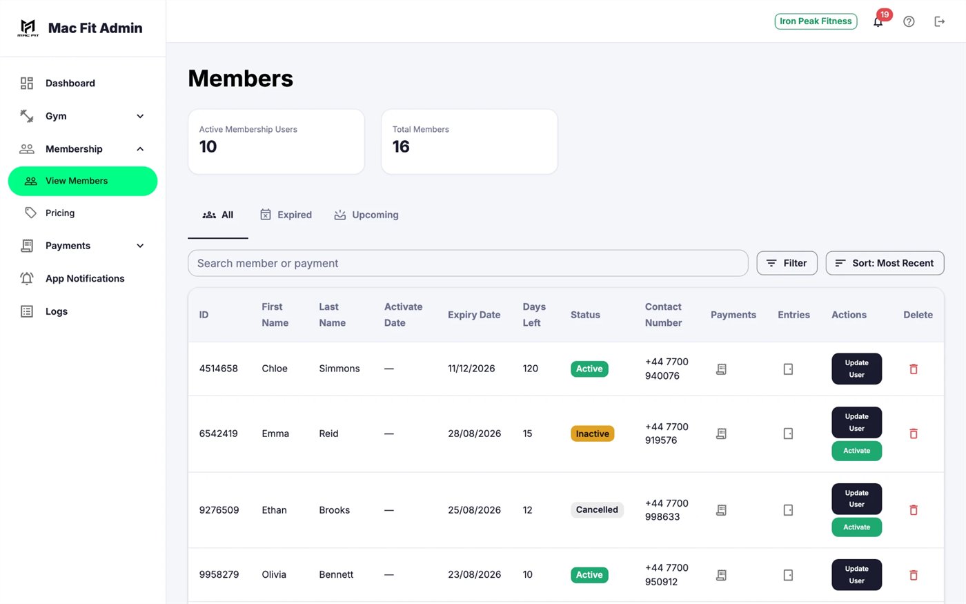 MacFit Club admin console members table showing active and total members, status, expiry dates, days left, payments and door entries