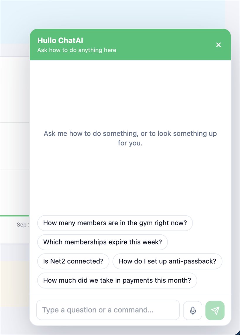 Hullo ChatAI panel open in the Mac Fit admin console, suggesting questions such as how many members are in the gym right now, which memberships expire this week and how much was taken in payments this month