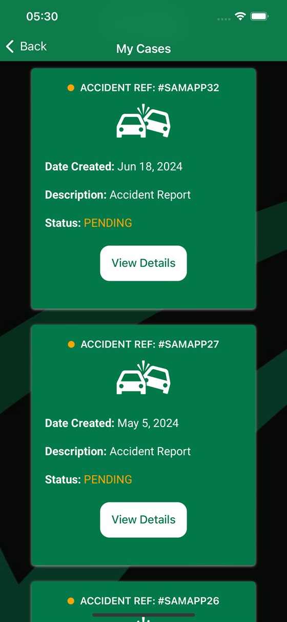 Accident management app accident reporting screen