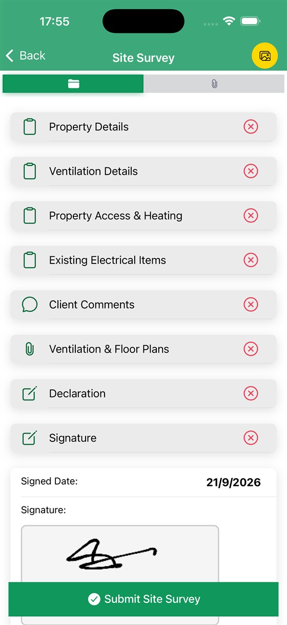 Site survey form with property details, ventilation, declaration and a captured client signature