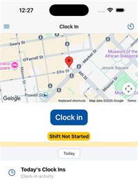 The PGS Clock In app clock-in screen