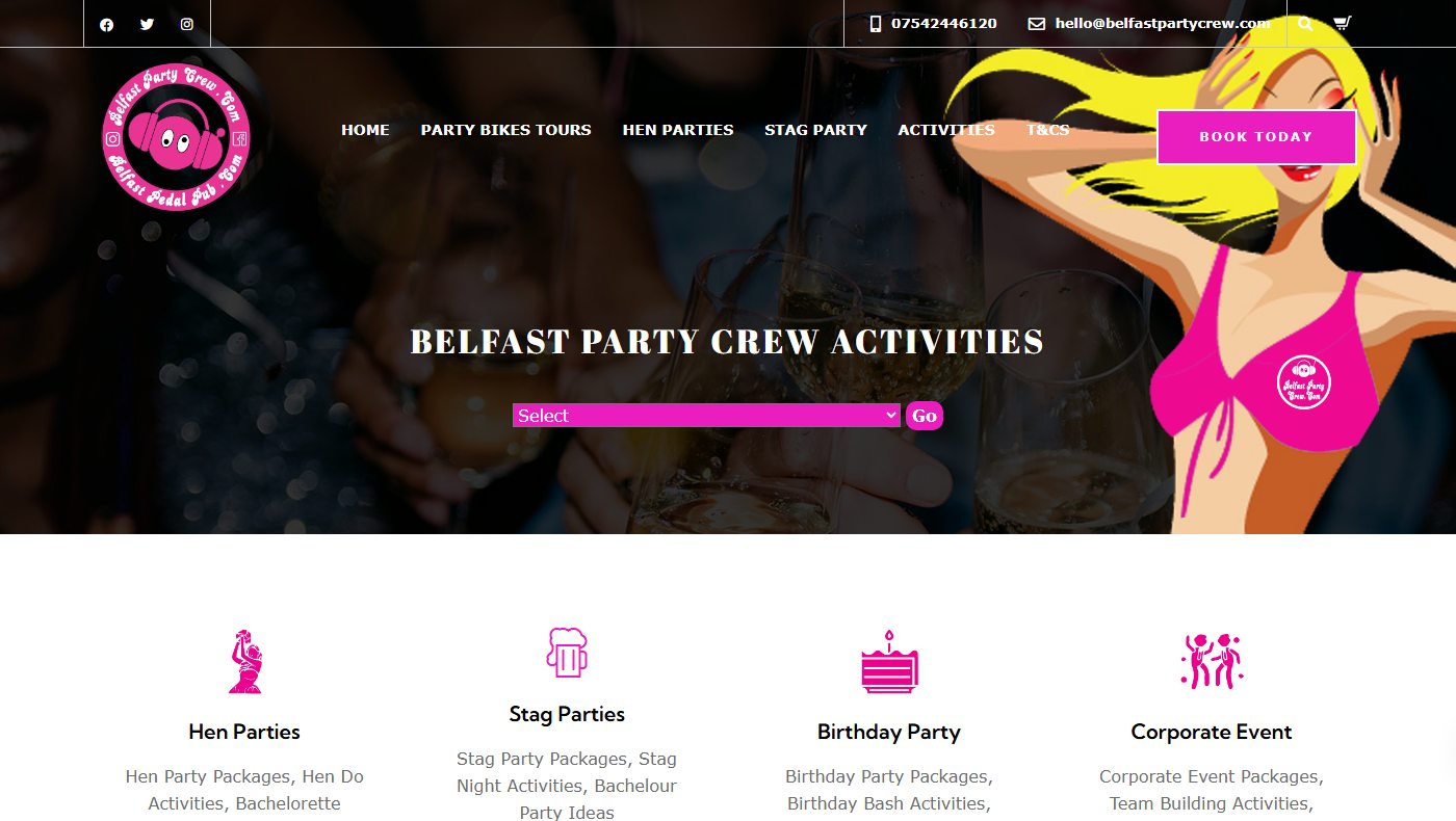 Belfast Party Crew website home page in hot pink with the activities headline, a package selector and hen, stag, birthday and corporate panels