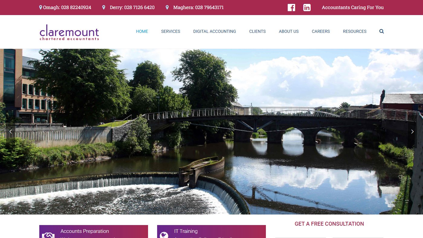 Claremount Chartered Accountants website home page with a photograph of the river and bridge at Omagh and service panels beneath it