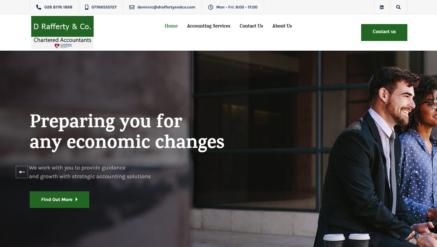 D Rafferty and Co chartered accountants website home page with a full width photograph and the headline preparing you for any economic changes