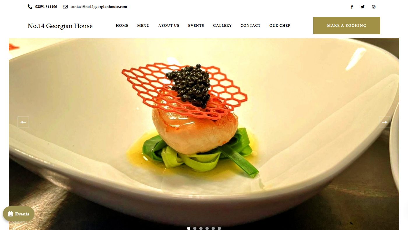 No.14 Georgian House restaurant website home page with a plated dish and a make a booking button