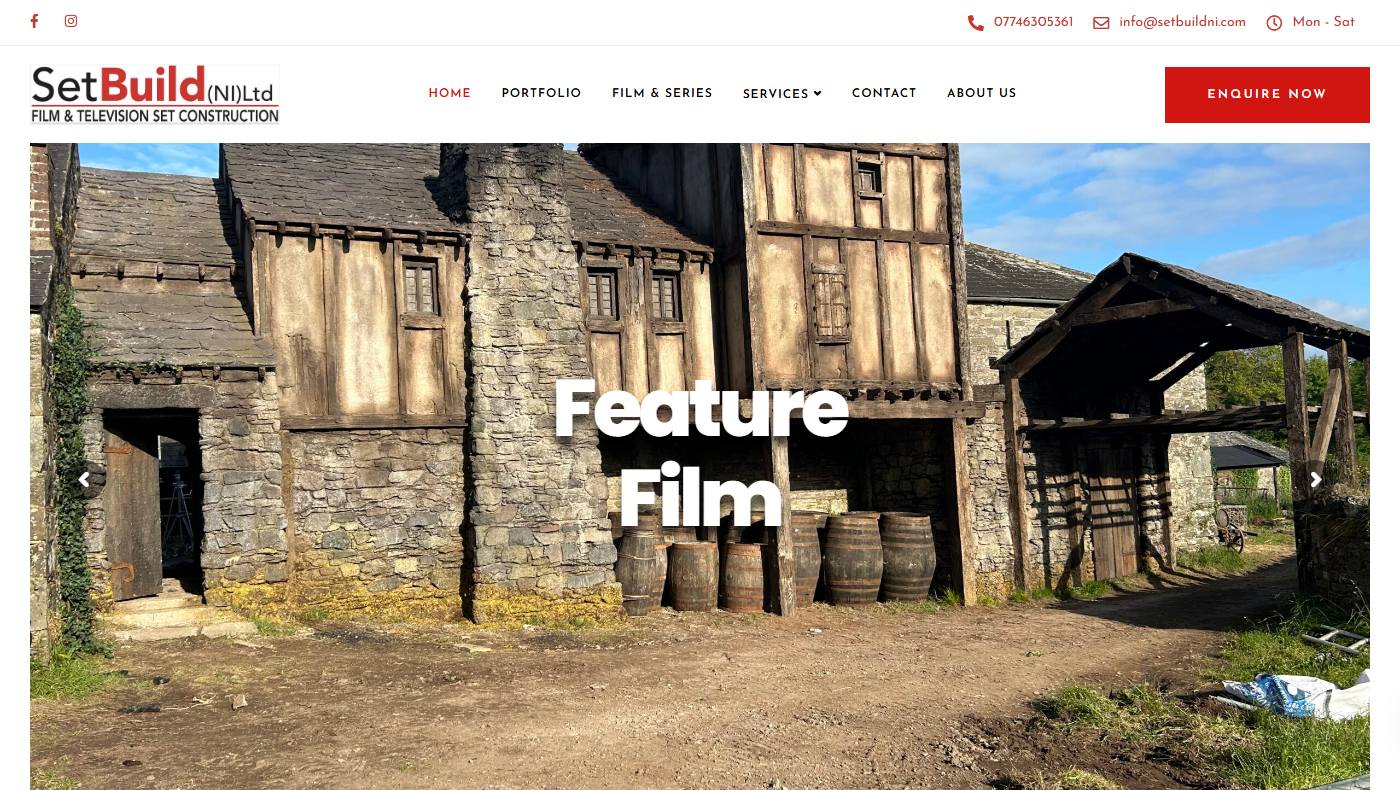 SetBuild NI website home page showing a constructed film set in a full width hero slider