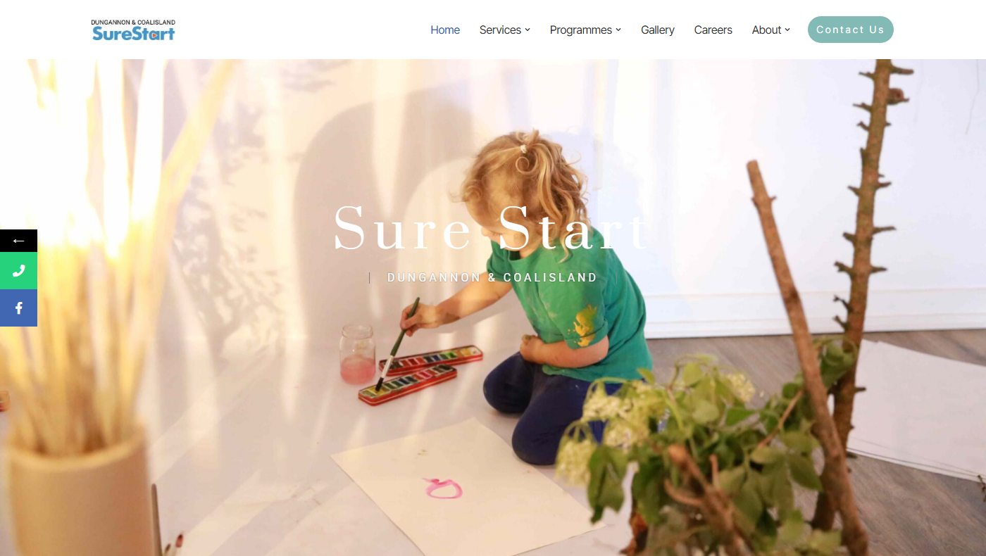 Sure Start Dungannon and Coalisland website home page showing a child painting in a playroom